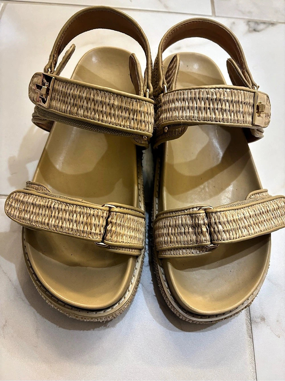 Gold Raffia Woven Platform Sandals in Tan